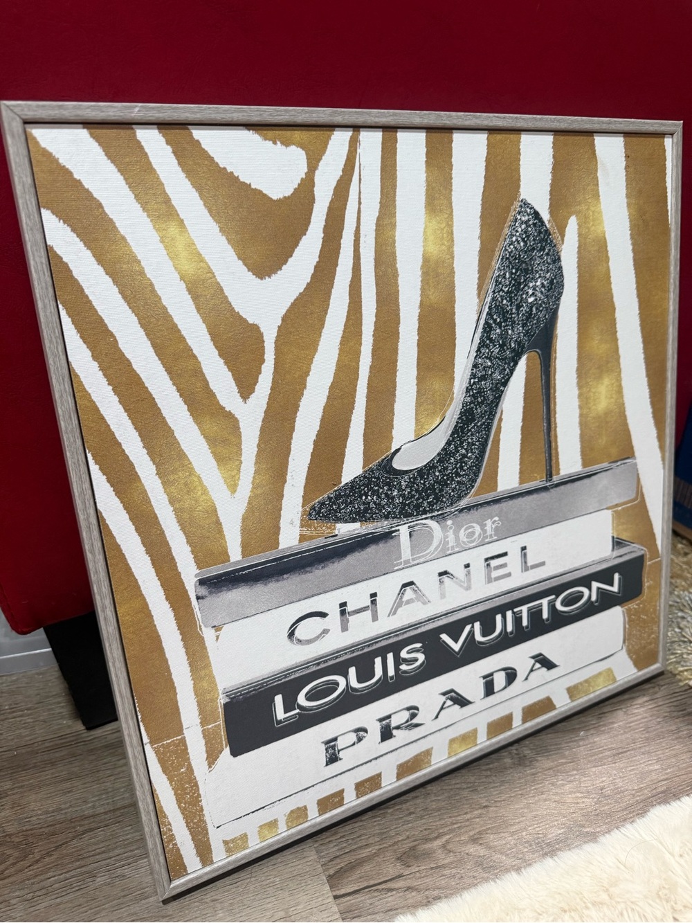 20”x20” Fashion Stack Wall Art with High Heel – Gold, White, Black / frame